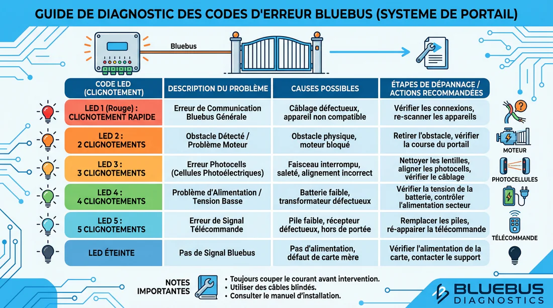 Tableau de diagnostic des codes erreur LED Bluebus Nice Robus