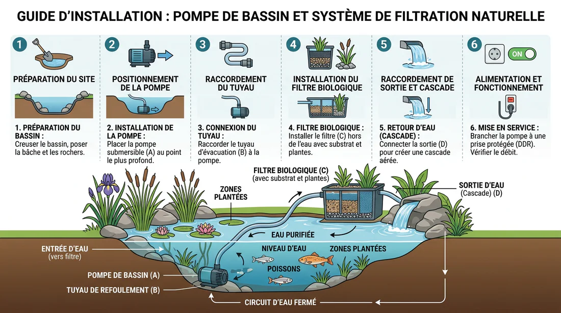Infographie illustrant l'installation de filtration de bassin