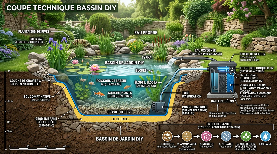 Schéma technique de la structure d'un bassin de jardin