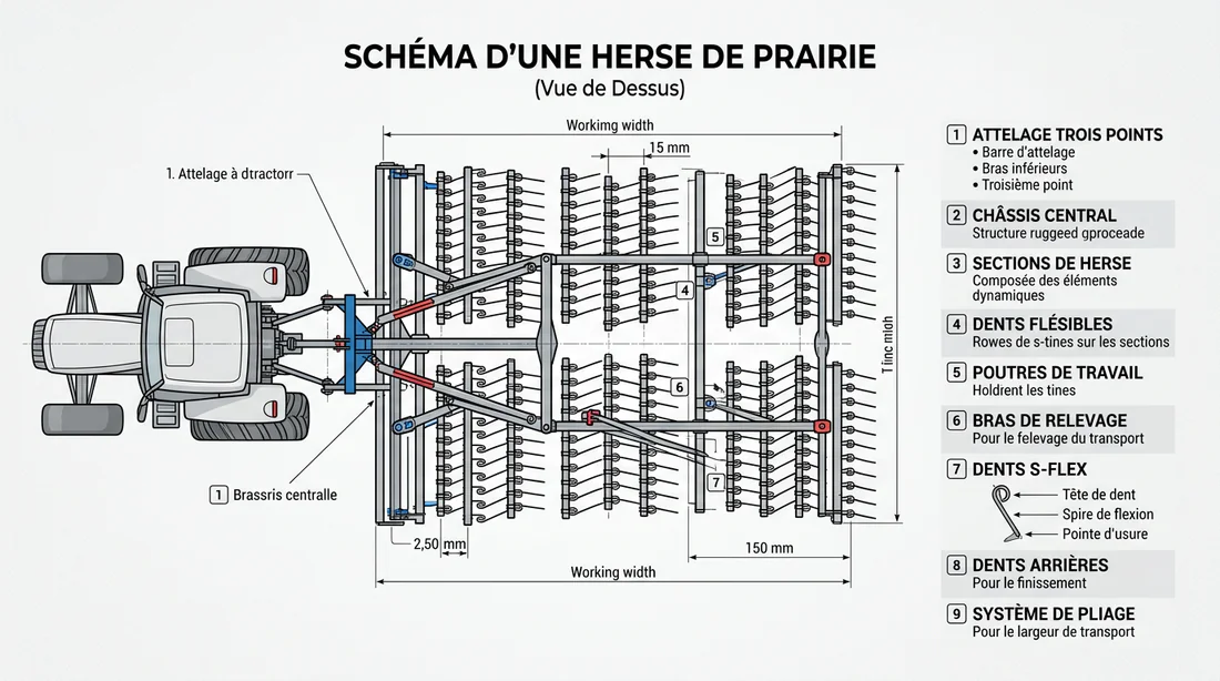 Schéma technique des composants d'une herse de prairie