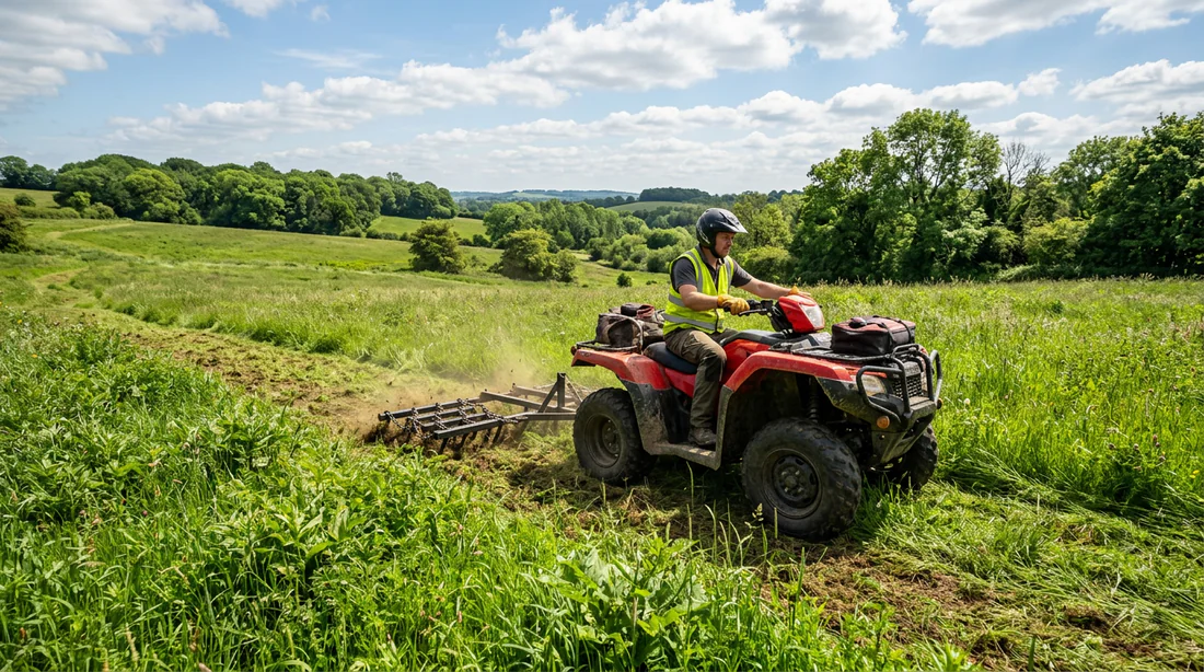 Utilisation d'une herse de prairie légère attelée à un quad