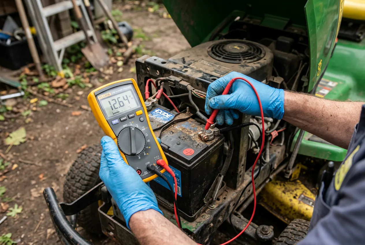 Contrôle de la batterie et des circuits électriques sur un tracteur tondeuse.