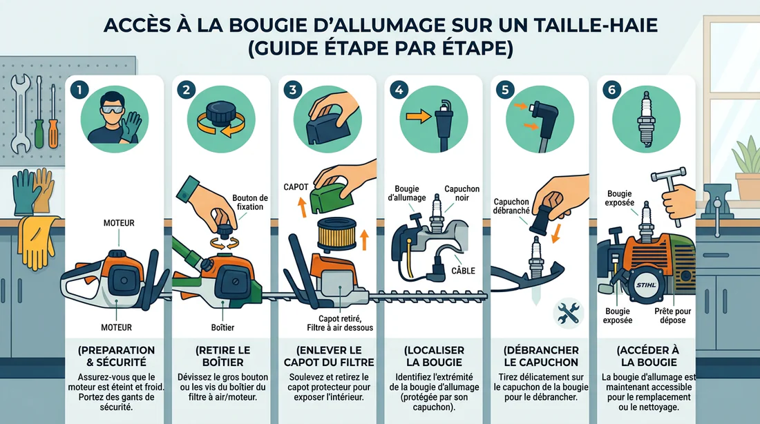 Schéma étape par étape pour accéder à la bougie du Stihl HS 45