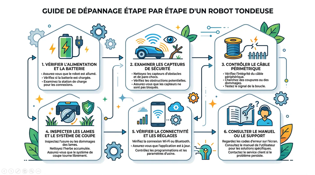 Infographie étape par étape pour le dépannage d'un robot tondeuse