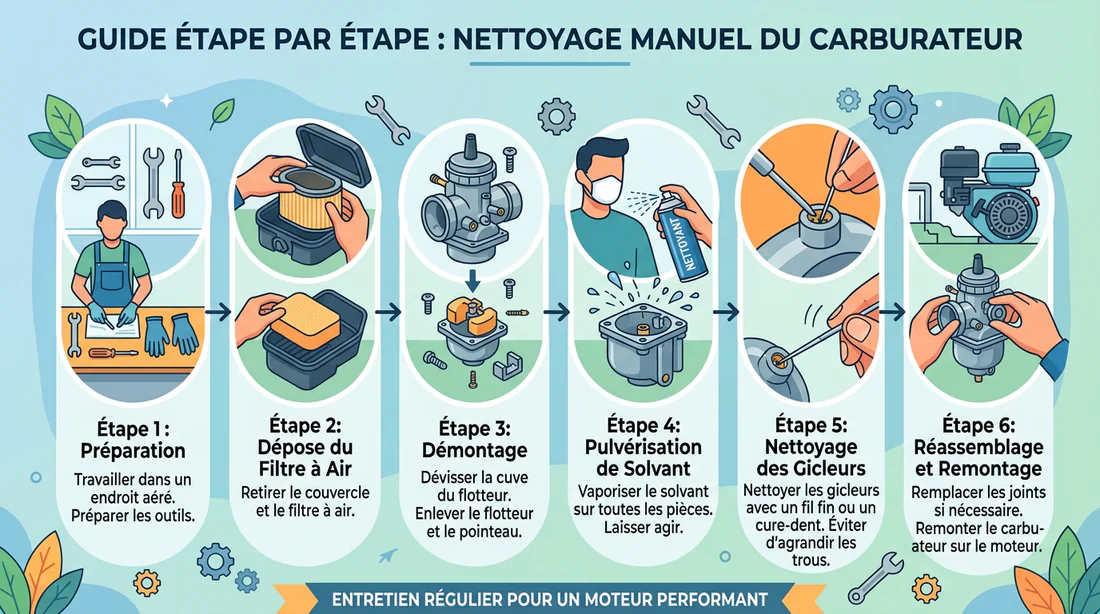 Infographie des étapes de nettoyage du carburateur Kawasaki
