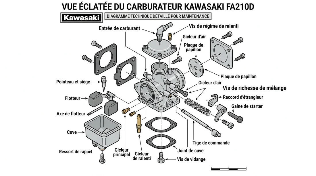 Schéma technique des composants du carburateur Kawasaki FA210D