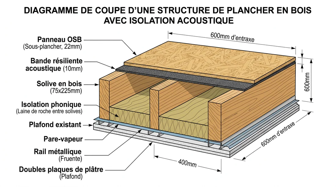 Schéma de la structure d'un plancher avec isolation acoustique