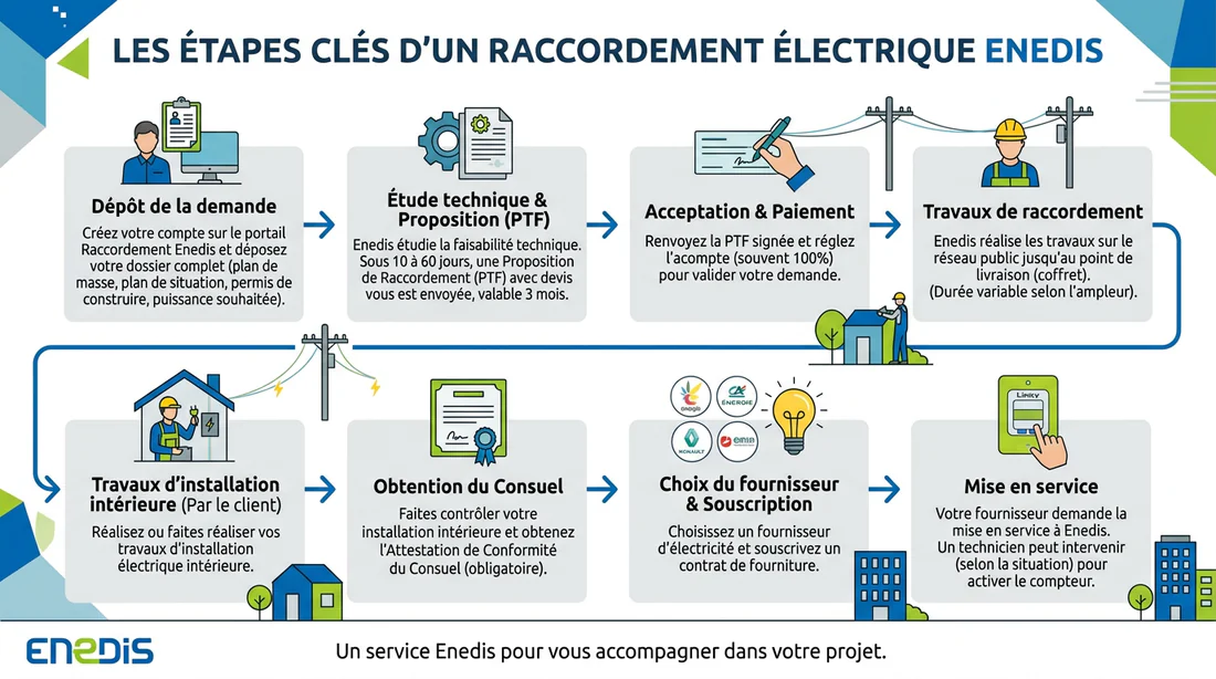 Schéma des étapes de raccordement électrique Enedis