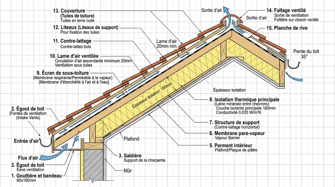 Schéma technique des couches d'isolation d'une toiture