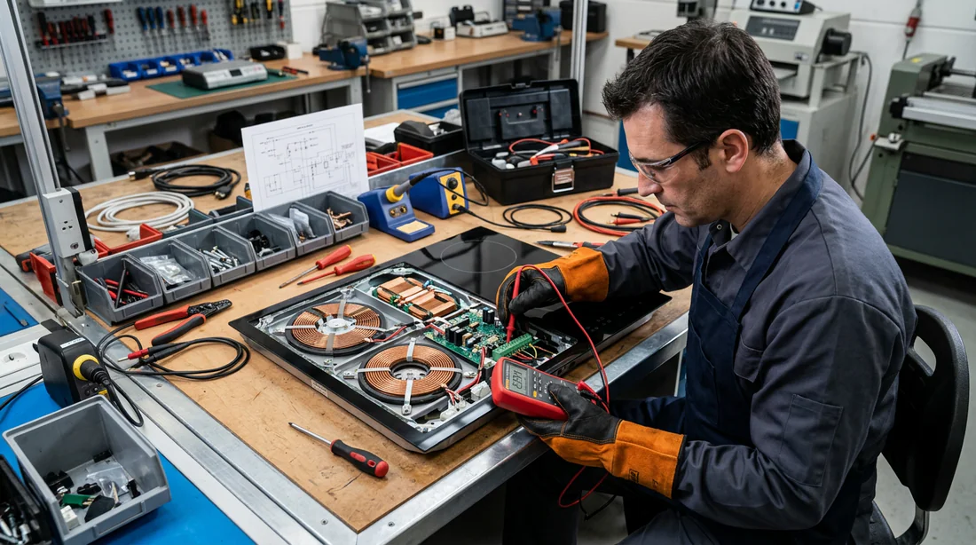 Technicien testant une plaque à induction avec un multimètre