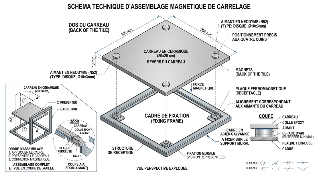 Schéma technique du système d'aimants pour carreau amovible