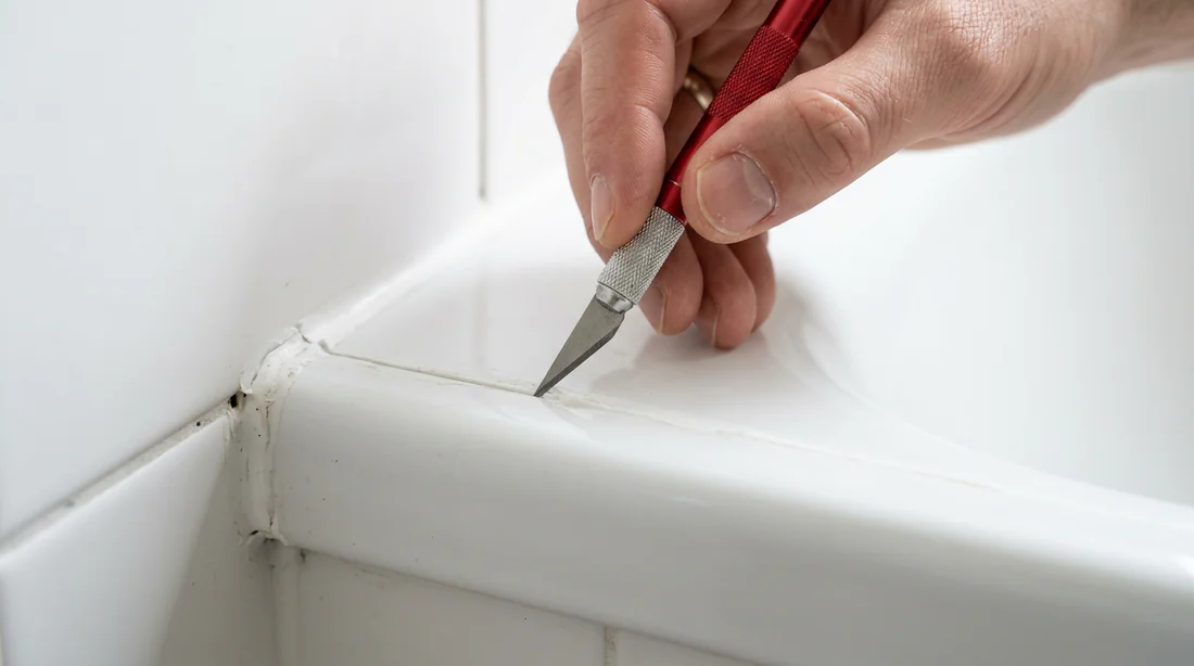 Découpe du joint silicone d'une baignoire avec un cutter