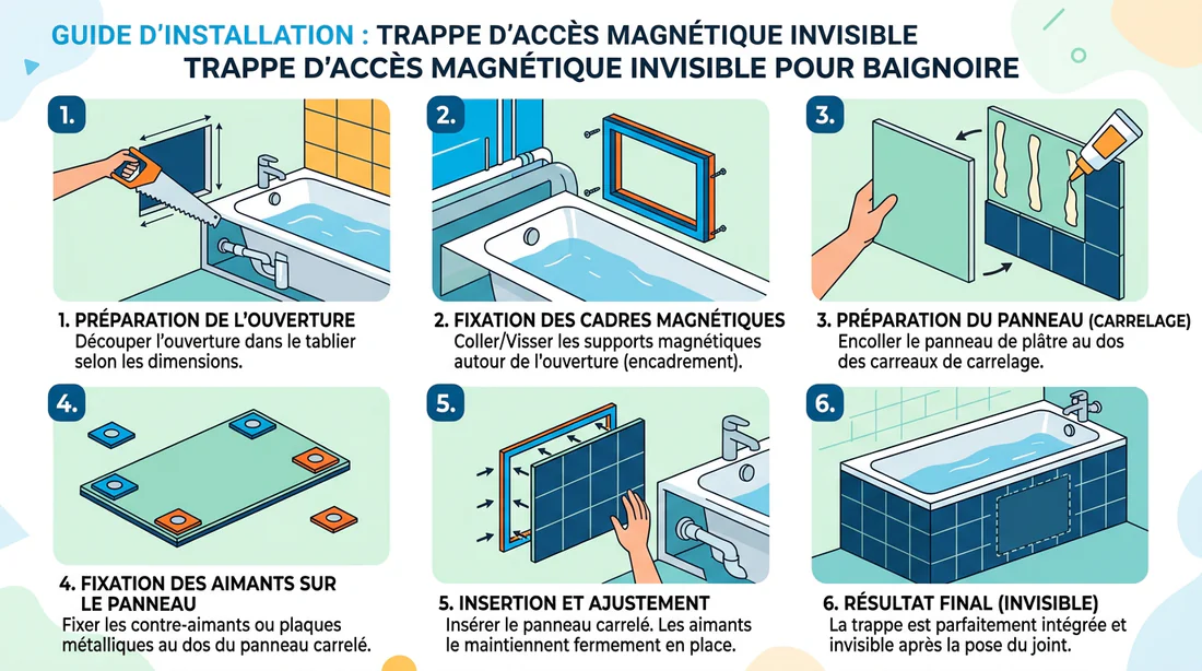 Infographie des étapes de montage d'une trappe de visite invisible