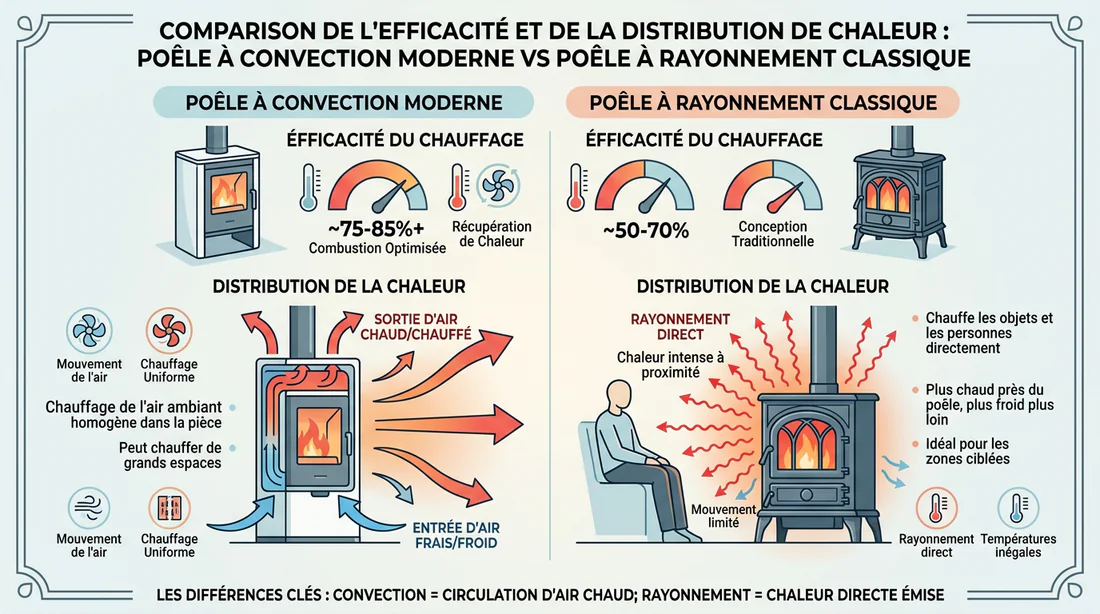 Infographie comparant l'efficacité thermique des poêles modernes et classiques