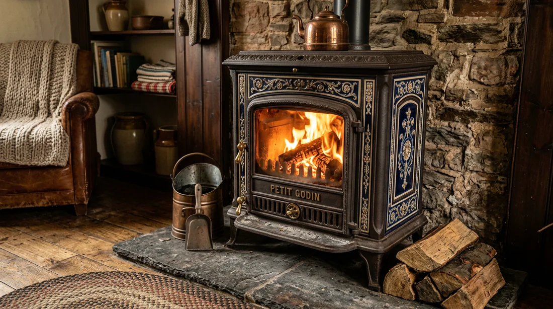 Poêle à bois classique Godin dans un intérieur rustique