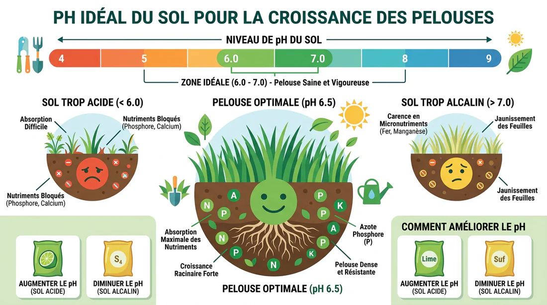 Schéma explicatif du pH idéal du sol pour la pelouse