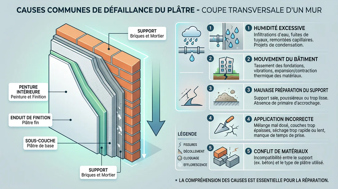 Schéma explicatif des causes de fissuration d'un enduit mural