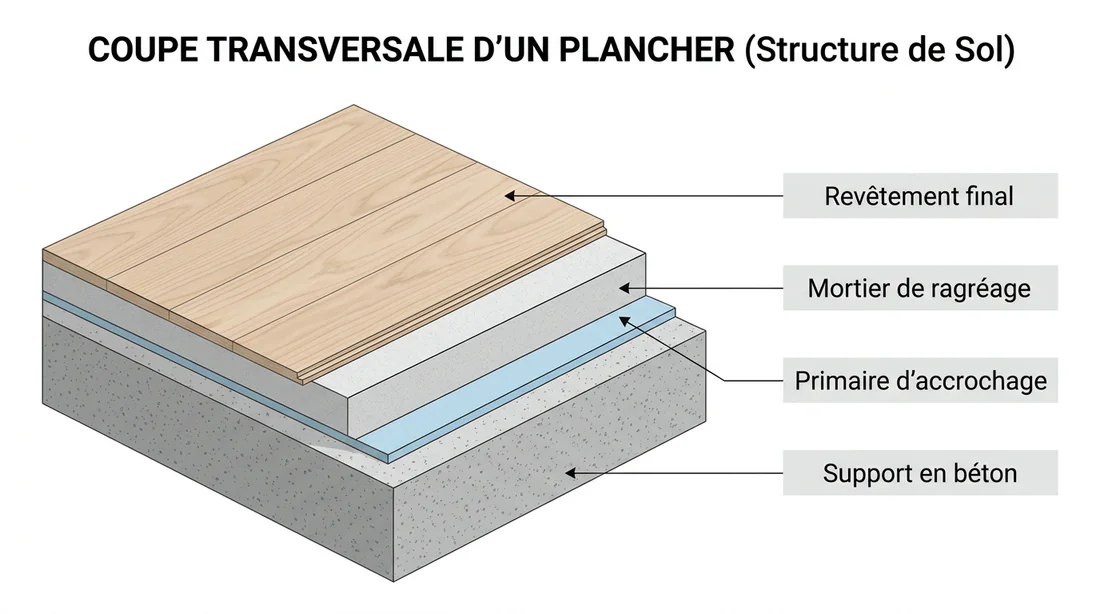 Schéma technique des couches de ragréage pour sol extérieur