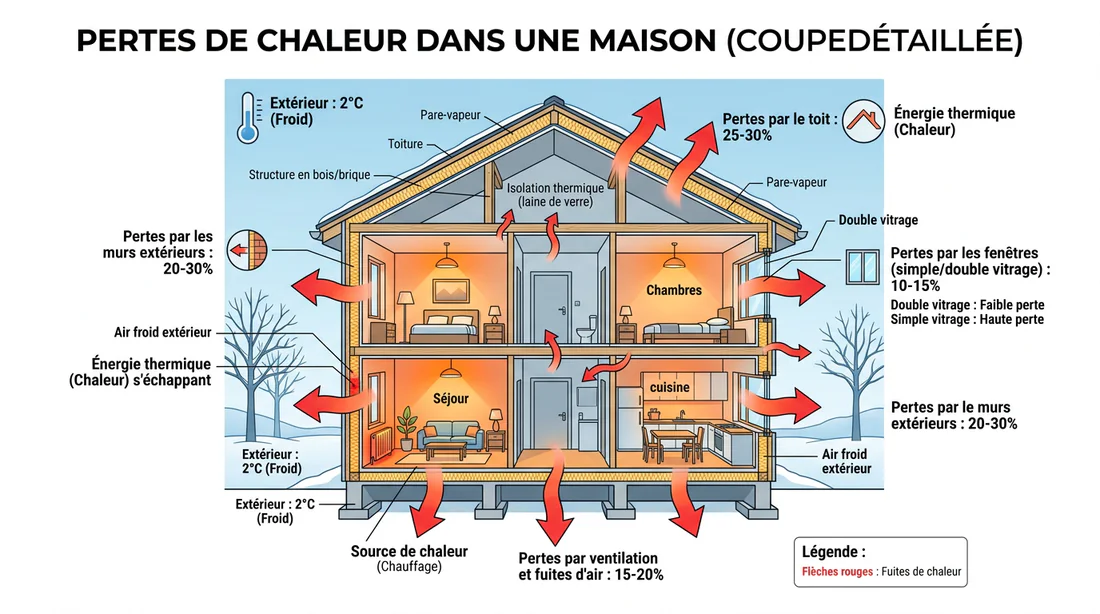 Schéma des déperditions thermiques d'une maison