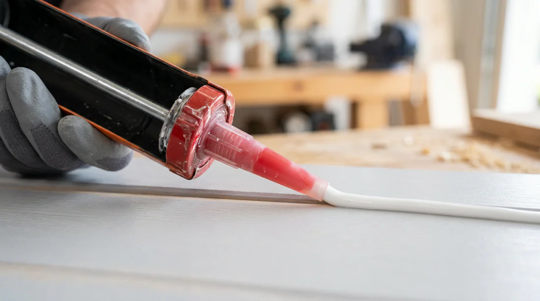 Détail de l'application d'un cordon de mastic acrylique
