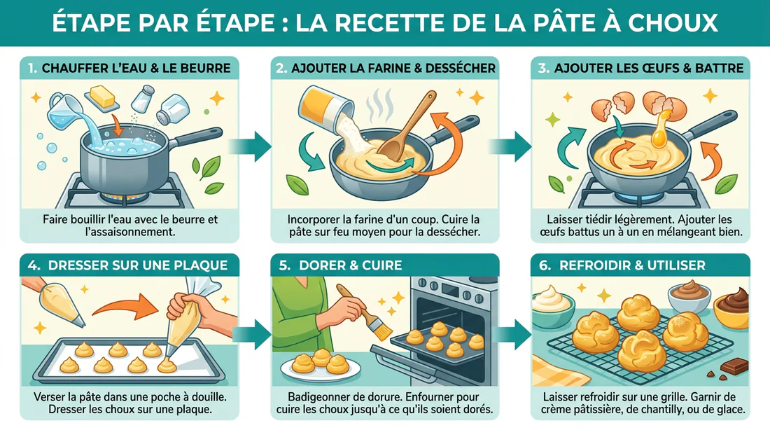 Schéma illustrant les étapes de préparation de la pâte à choux