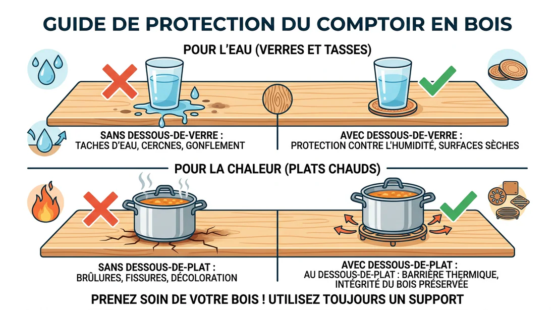 Schéma de prévention pour protéger un plan de travail en bois contre l'eau et la chaleur