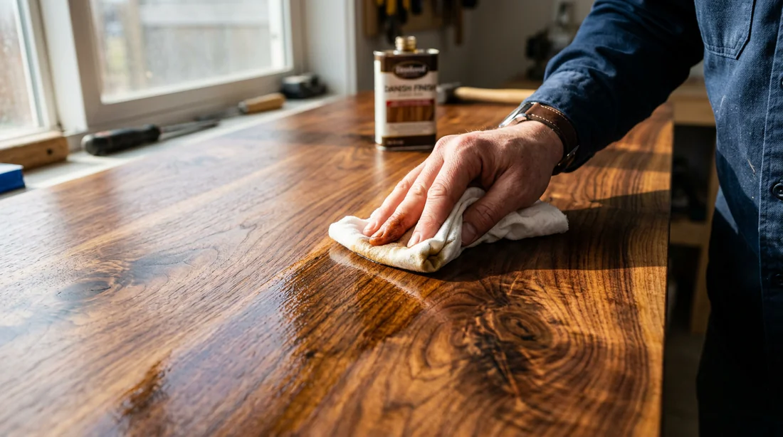 Application d'une huile de protection sur un plan de travail en bois