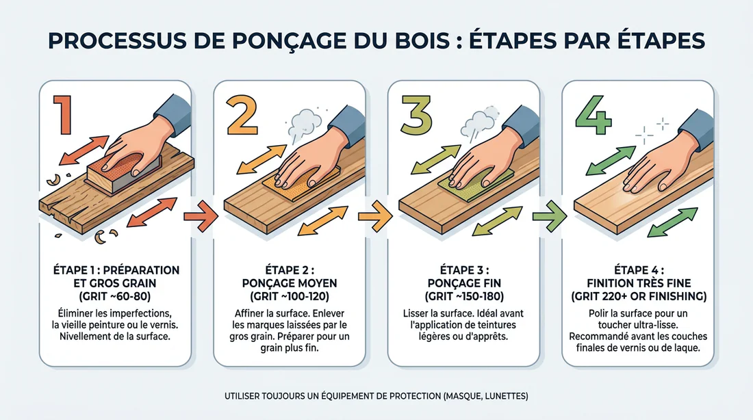 Infographie des étapes de ponçage pour la rénovation du bois