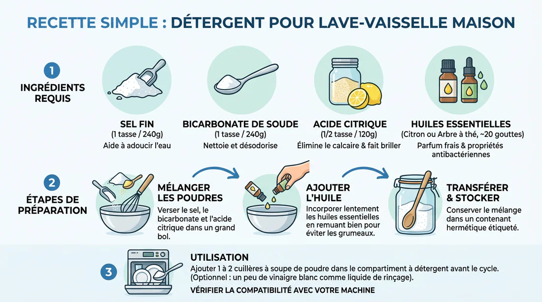 Infographie des ingrédients nécessaires pour fabriquer ses tablettes lave-vaisselle