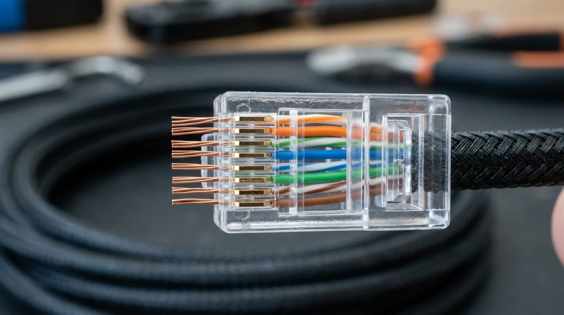 Fils dans le connecteur RJ45 avant sertissage