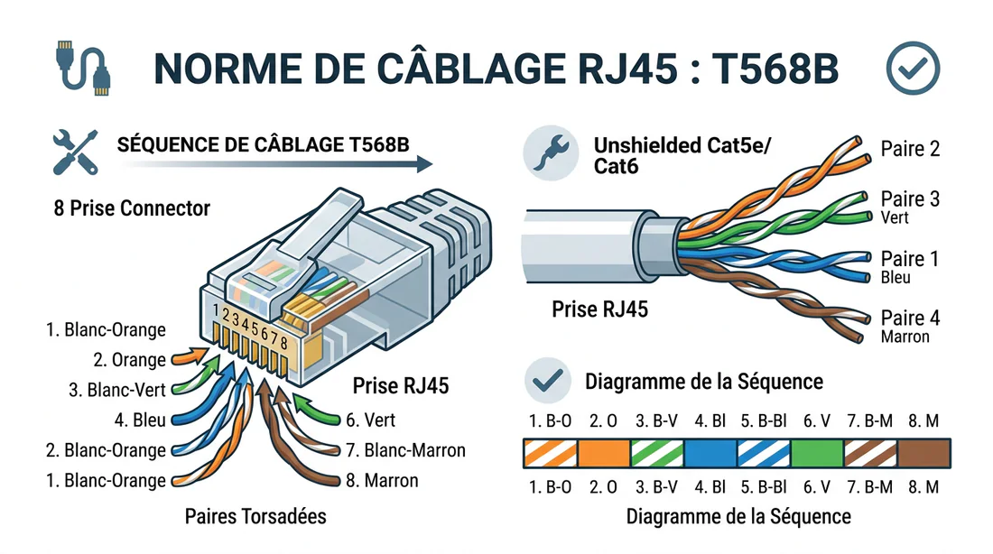 Schéma du code couleur T568B pour câble RJ45