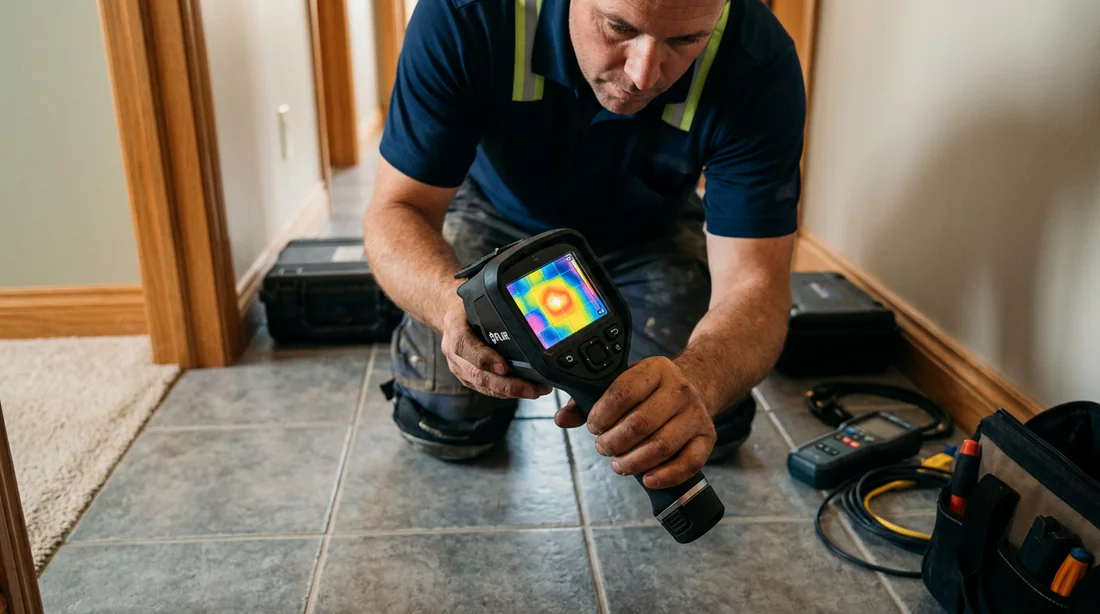 Technicien utilisant une caméra thermique sur un sol chauffant