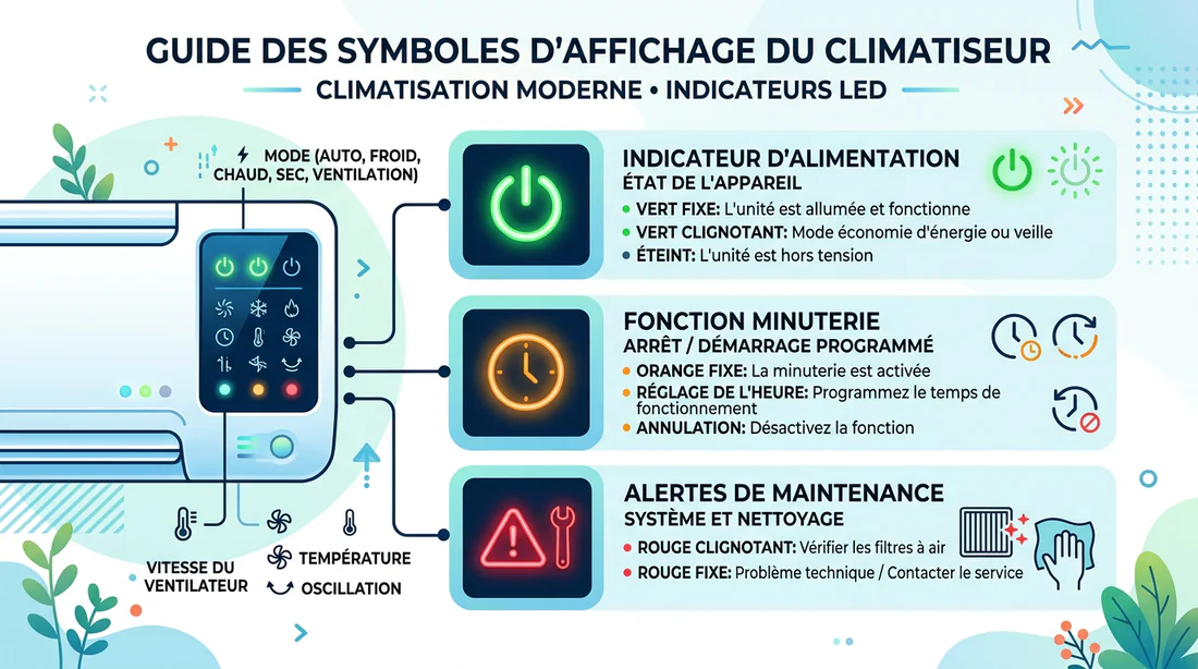 Schéma explicatif des symboles et voyants LED d'un climatiseur