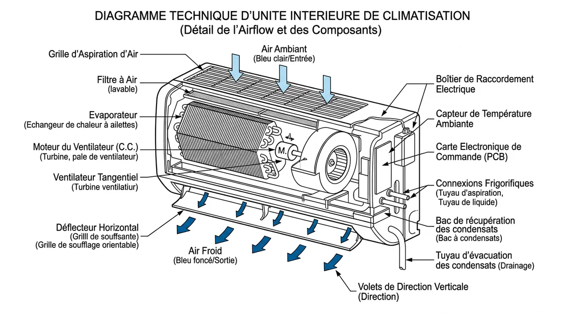 Schéma technique des composants internes d'un climatiseur Gree
