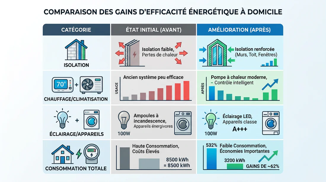 Tableau comparatif des économies d'énergie avec la domotique