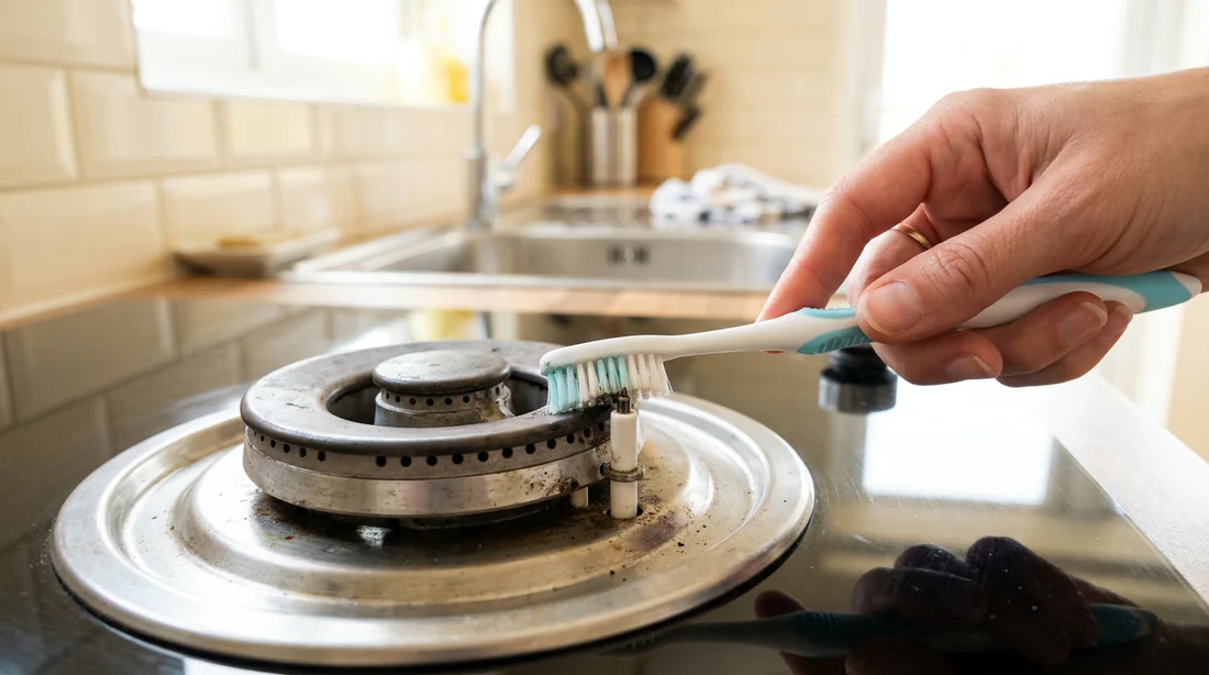 Nettoyage de la bougie d'allumage d'une gazinière avec une brosse