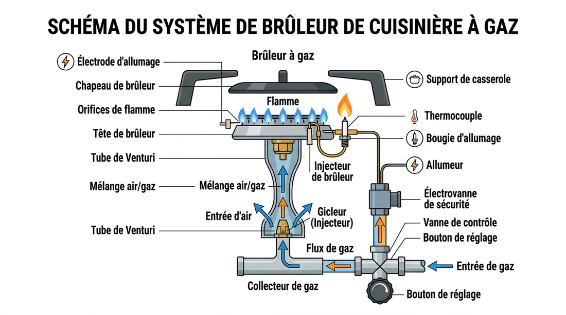 Schéma technique des composants d'un brûleur de gazinière