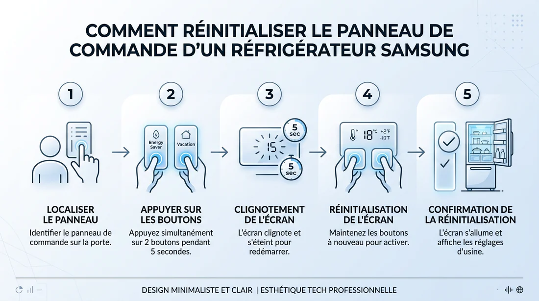 Infographie étapes réinitialisation réfrigérateur Samsung