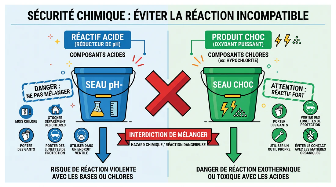 Infographie illustrant le danger de mélanger le pH- et le chlore choc