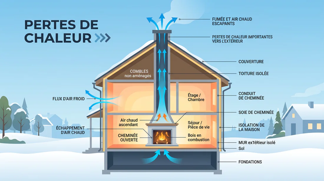 Schéma explicatif des déperditions thermiques par une cheminée ouverte