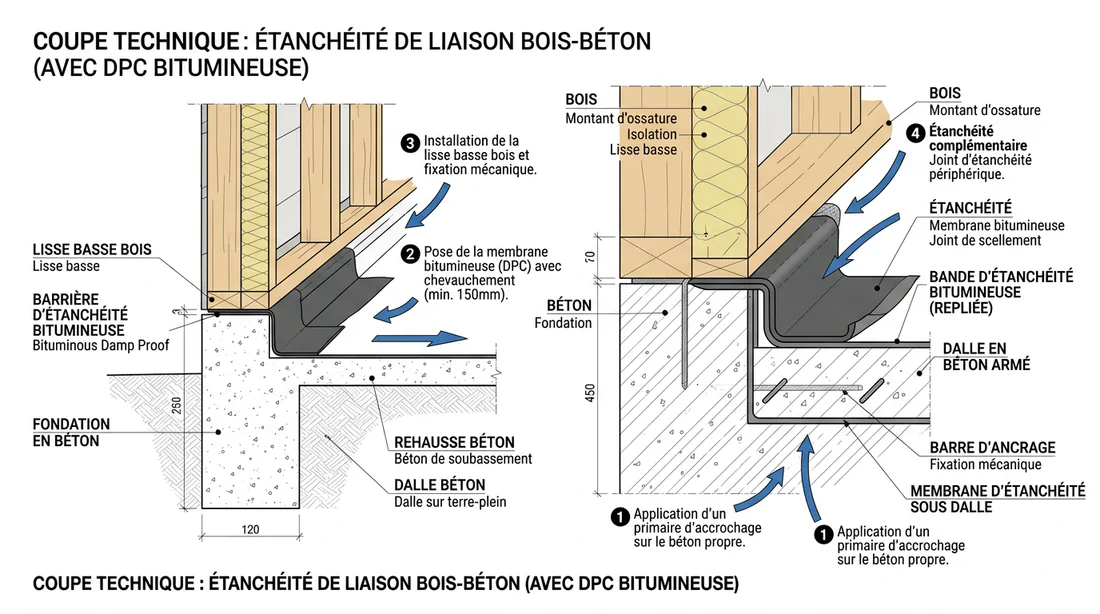Infographie illustrant l'étanchéité entre le bois et le béton