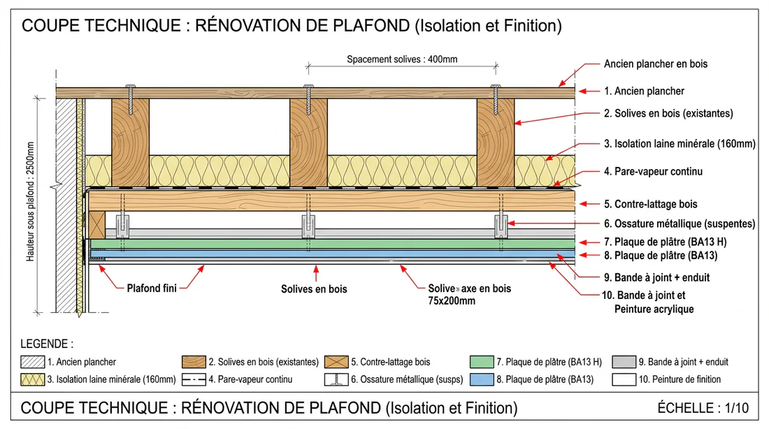 Schéma technique d'une rénovation de plafond avec isolation entre les poutres