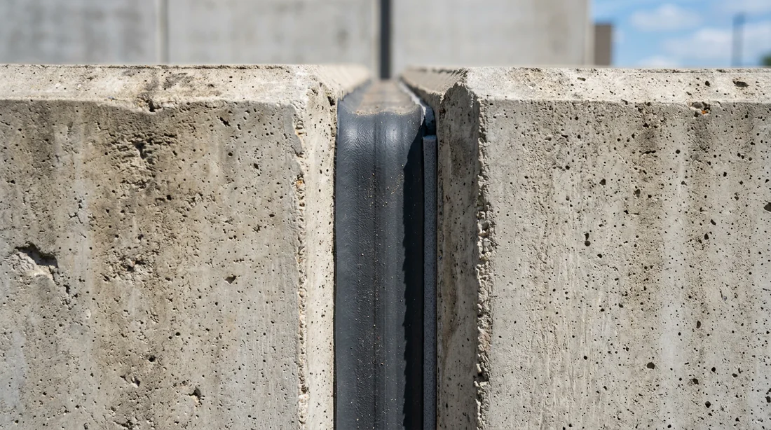 Gros plan sur un joint de dilatation étanche entre deux structures en béton.