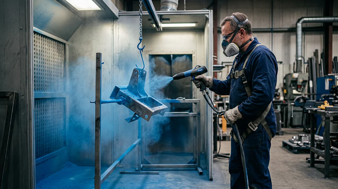 Technicien appliquant une peinture thermolaquée en atelier