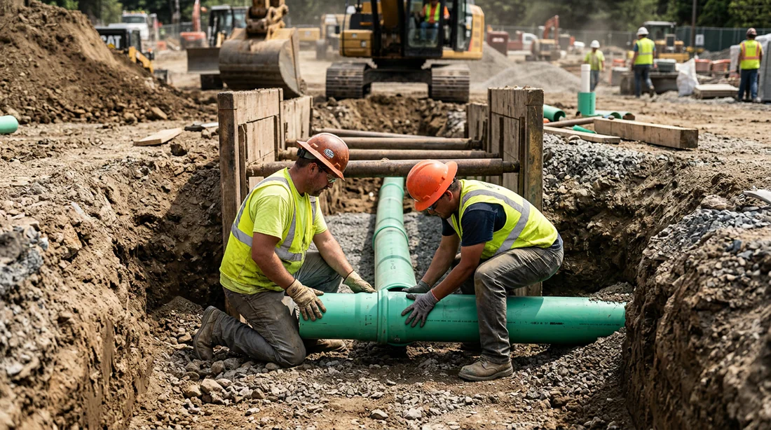 Ouvriers posant un drain routier rigide en PVC dans une tranchée