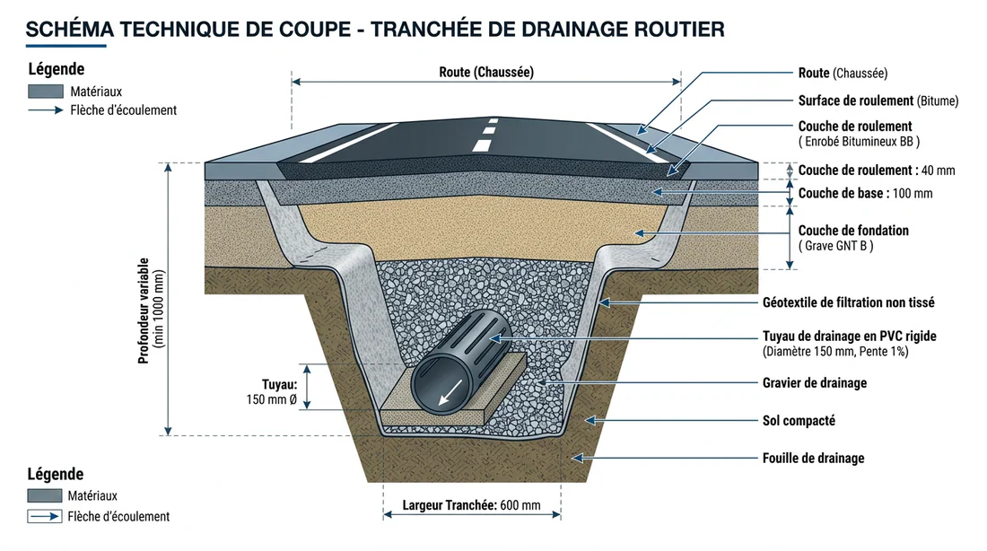 Schéma de coupe d'une tranchée de drainage routier avec drain PVC