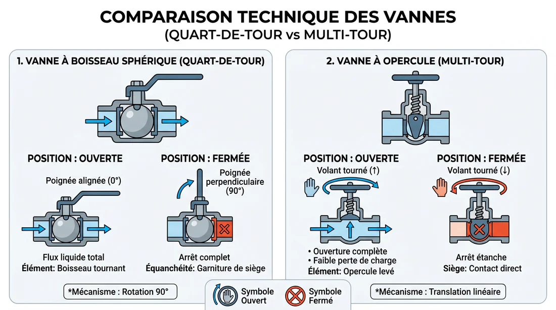 Schéma comparatif entre une vanne d'eau quart de tour et un robinet à vis classique