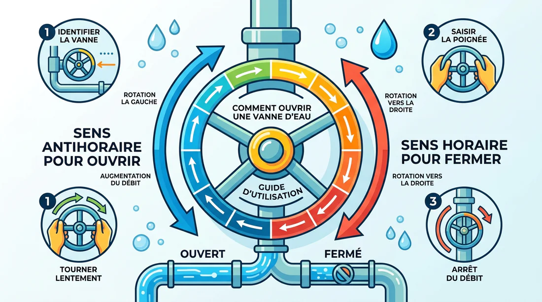 Infographie schématique montrant le sens anti-horaire pour ouvrir une vanne d'eau