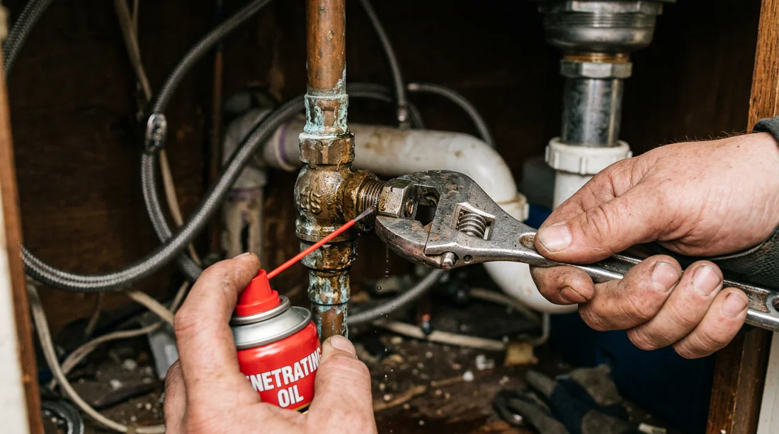 Application de dégrippant sur une vanne d'eau coincée sous un évier