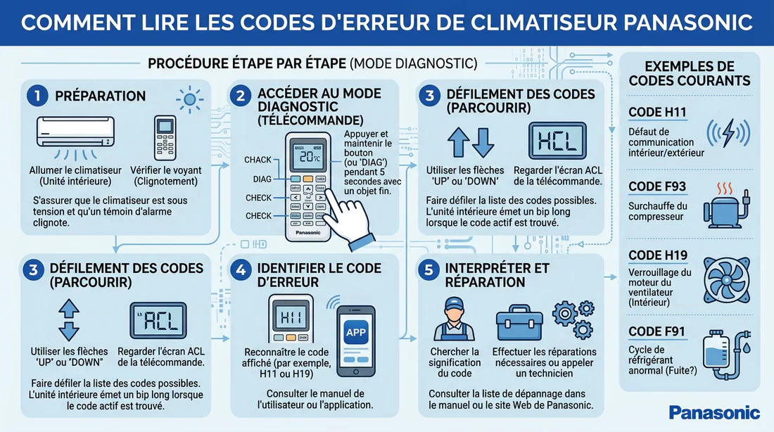 Infographie expliquant la lecture des codes erreurs sur une climatisation Panasonic
